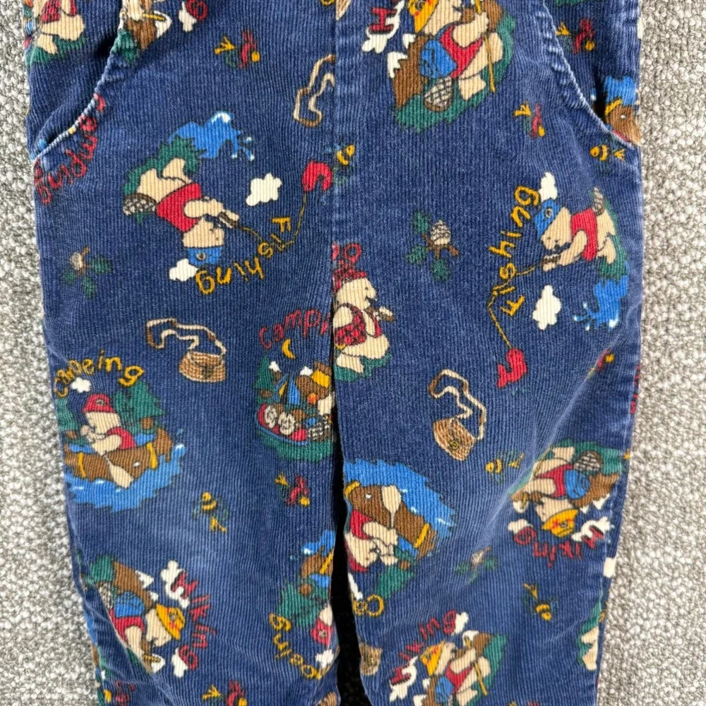 OshKosh B'gosh Vintage Corduroy Overalls Kids‎ 2T Blue Camping Fishing Bear USA